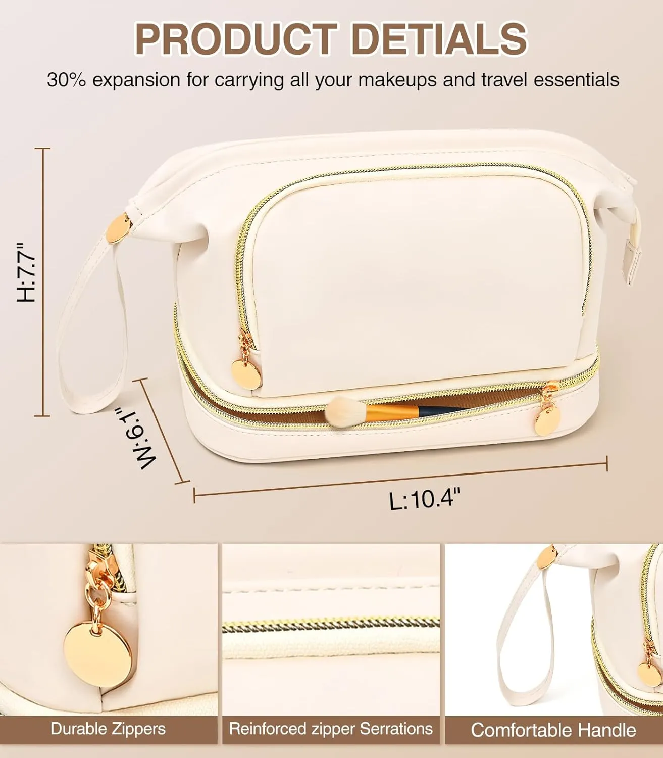 Large Makeup Bag, Double Layer Makeup Bag Organizer, Toiletry Bag For Women, Cosmetic Travel Bag, Leather Makeup Bag, Portable Toiletry Bag, Waterproof Roomy Bag For Women And Girls, Q-Beige