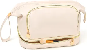 Large Makeup Bag, Double Layer Makeup Bag Organizer, Toiletry Bag For Women, Cosmetic Travel Bag, Leather Makeup Bag, Portable Toiletry Bag, Waterproof Roomy Bag For Women And Girls, Q-Beige