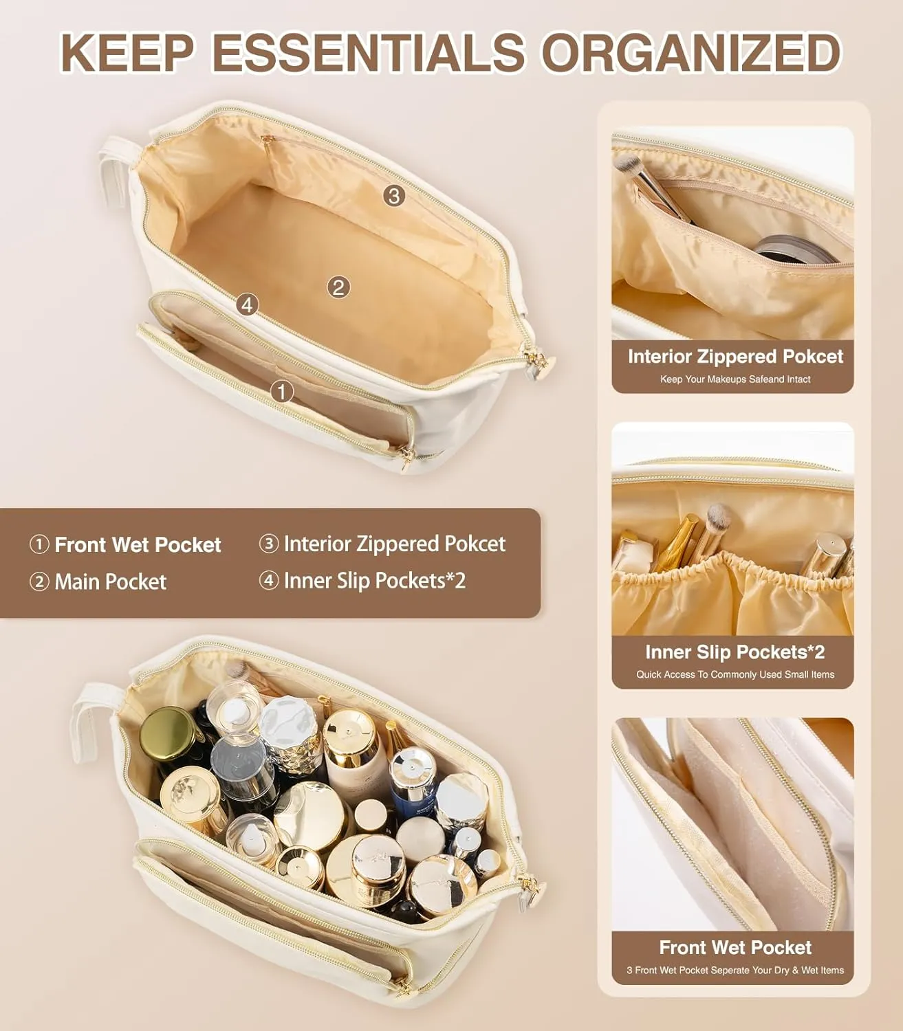 Large Makeup Bag, Double Layer Makeup Bag Organizer, Toiletry Bag For Women, Cosmetic Travel Bag, Leather Makeup Bag, Portable Toiletry Bag, Waterproof Roomy Bag For Women And Girls, Q-Beige