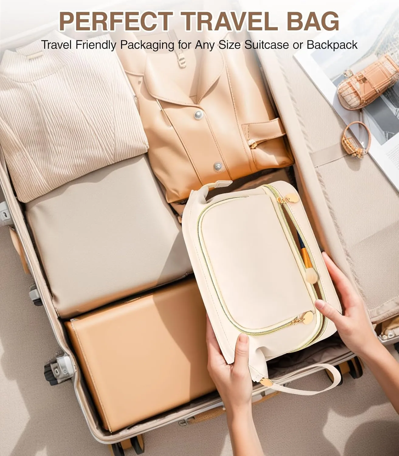 Large Makeup Bag, Double Layer Makeup Bag Organizer, Toiletry Bag For Women, Cosmetic Travel Bag, Leather Makeup Bag, Portable Toiletry Bag, Waterproof Roomy Bag For Women And Girls, Q-Beige