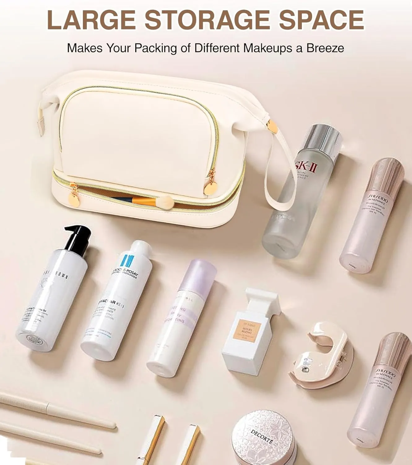 Large Makeup Bag, Double Layer Makeup Bag Organizer, Toiletry Bag For Women, Cosmetic Travel Bag, Leather Makeup Bag, Portable Toiletry Bag, Waterproof Roomy Bag For Women And Girls, Q-Beige