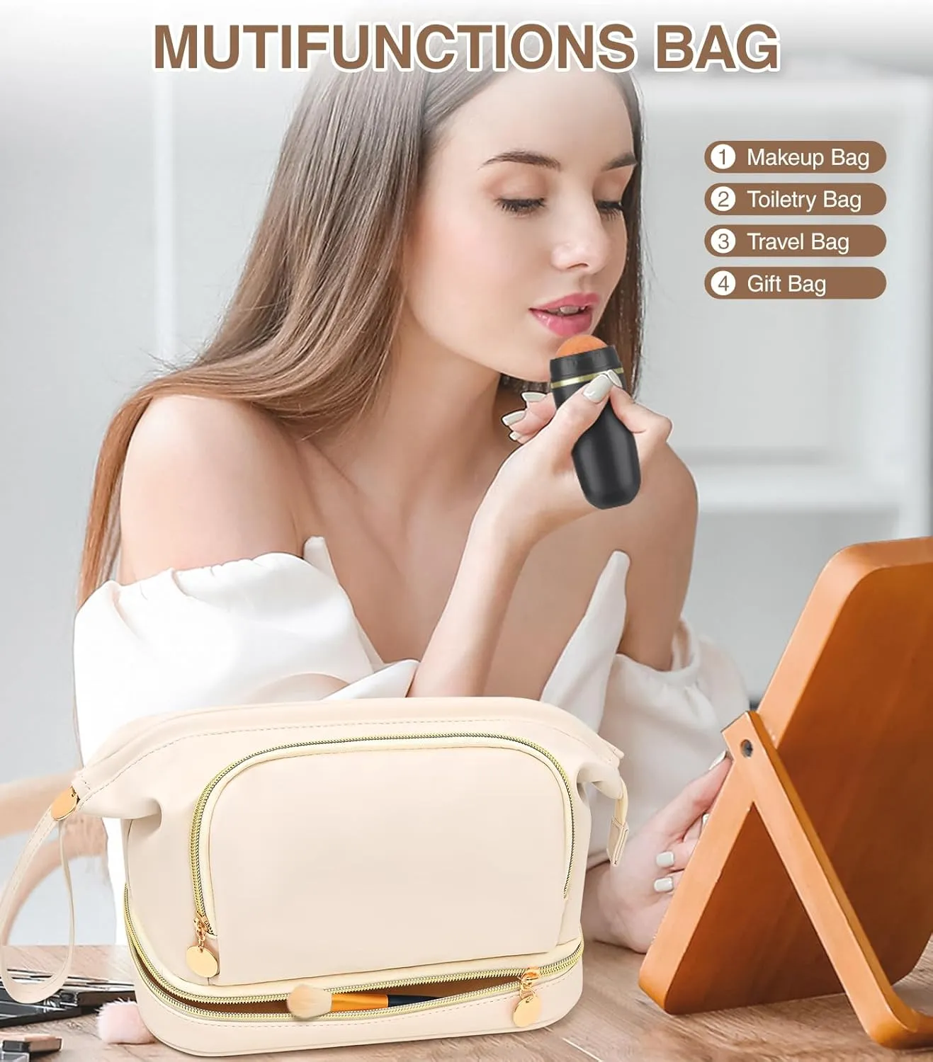 Large Makeup Bag, Double Layer Makeup Bag Organizer, Toiletry Bag For Women, Cosmetic Travel Bag, Leather Makeup Bag, Portable Toiletry Bag, Waterproof Roomy Bag For Women And Girls, Q-Beige
