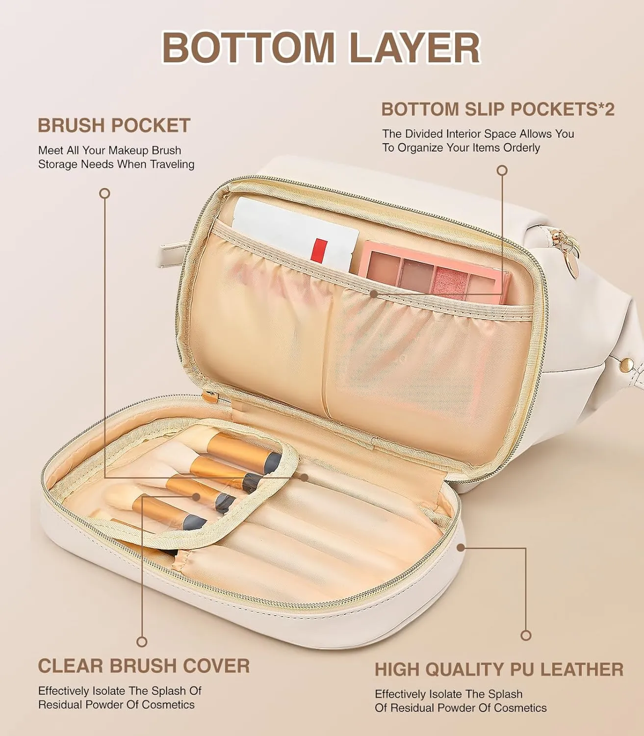 Large Makeup Bag, Double Layer Makeup Bag Organizer, Toiletry Bag For Women, Cosmetic Travel Bag, Leather Makeup Bag, Portable Toiletry Bag, Waterproof Roomy Bag For Women And Girls, Q-Beige