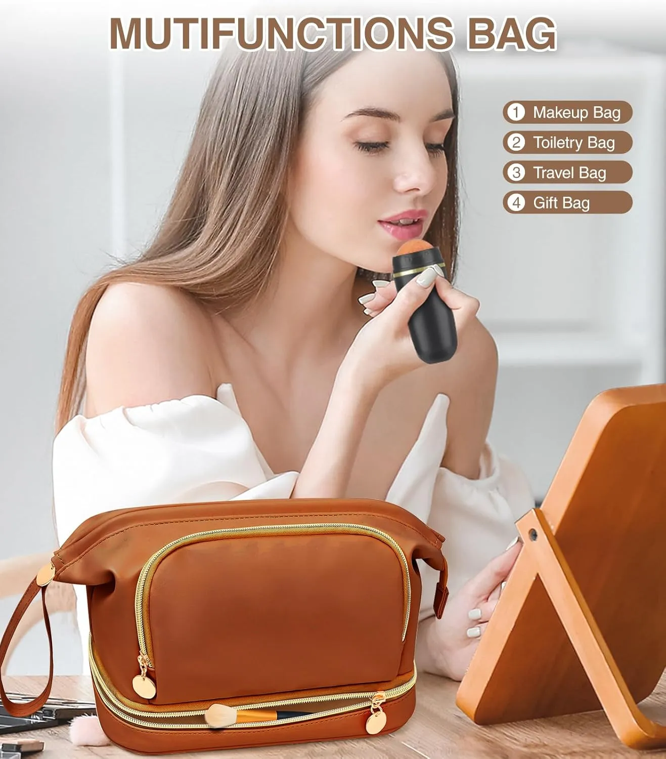 Large Makeup Bag, Double Layer Makeup Bag Organizer, Toiletry Bag For Women, Cosmetic Travel Bag, Leather Makeup Bag, Portable Toiletry Bag, Waterproof Roomy Bag For Women And Girls, Q-Brown