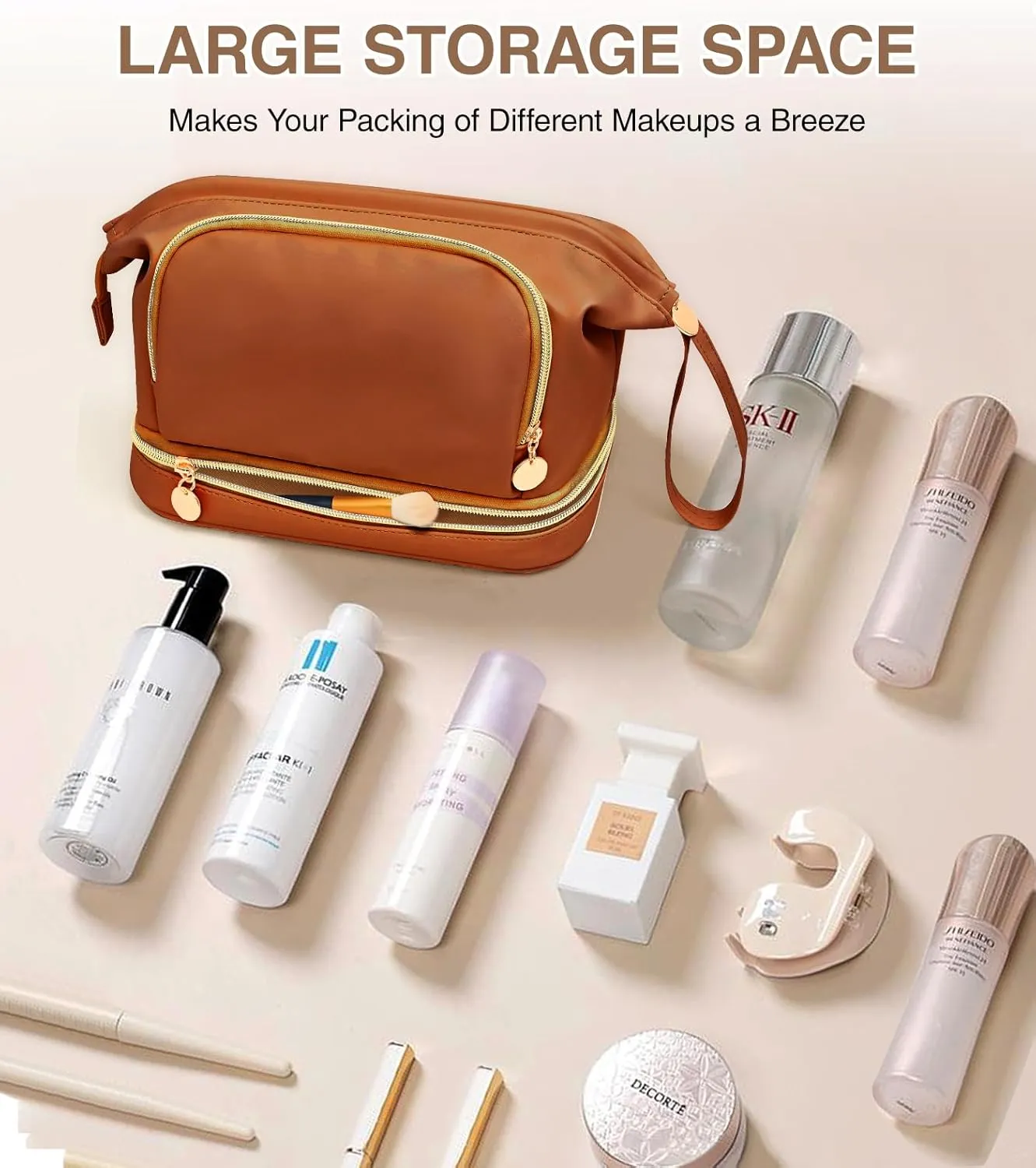 Large Makeup Bag, Double Layer Makeup Bag Organizer, Toiletry Bag For Women, Cosmetic Travel Bag, Leather Makeup Bag, Portable Toiletry Bag, Waterproof Roomy Bag For Women And Girls, Q-Brown