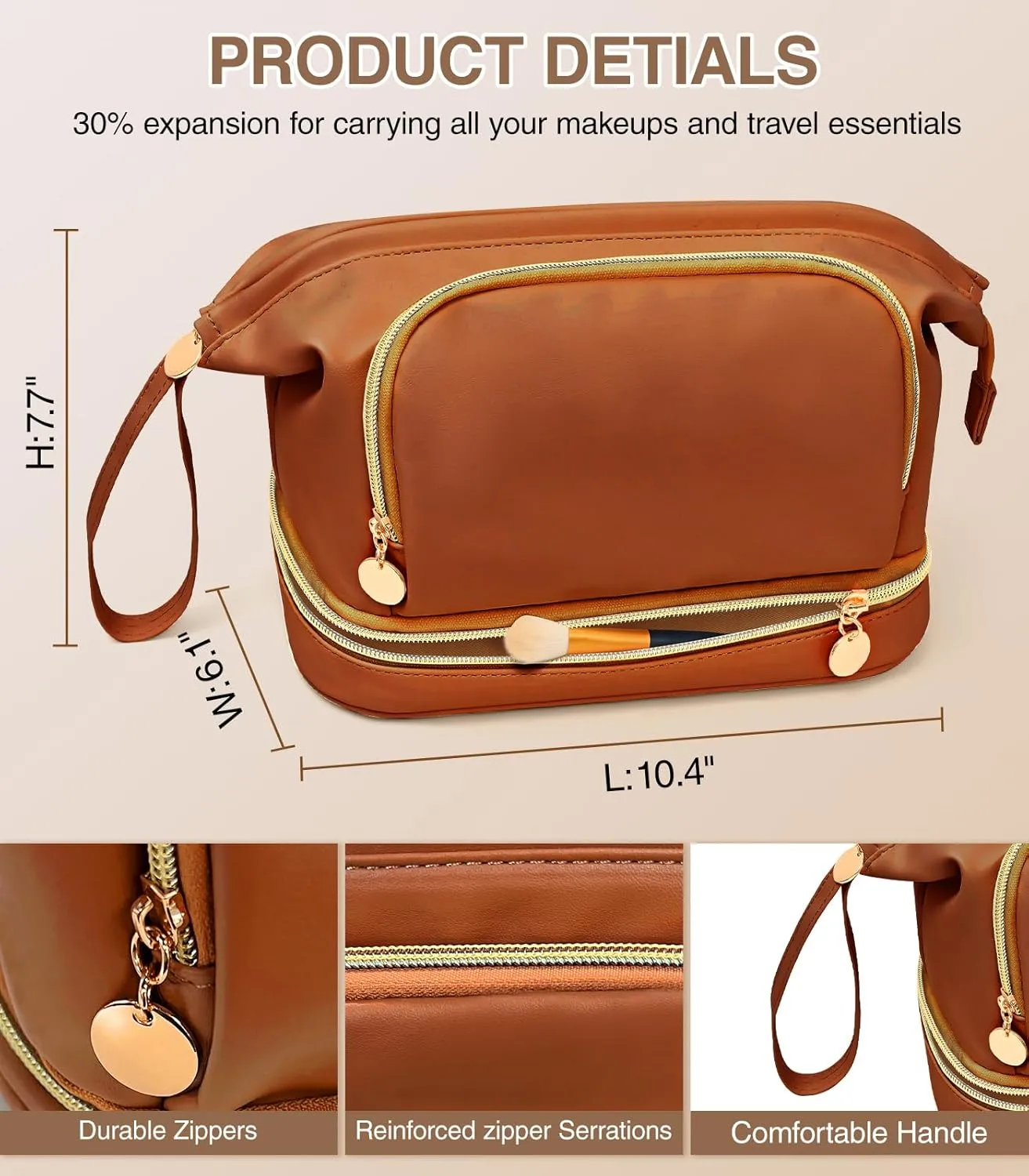 Large Makeup Bag, Double Layer Makeup Bag Organizer, Toiletry Bag For Women, Cosmetic Travel Bag, Leather Makeup Bag, Portable Toiletry Bag, Waterproof Roomy Bag For Women And Girls, Q-Brown