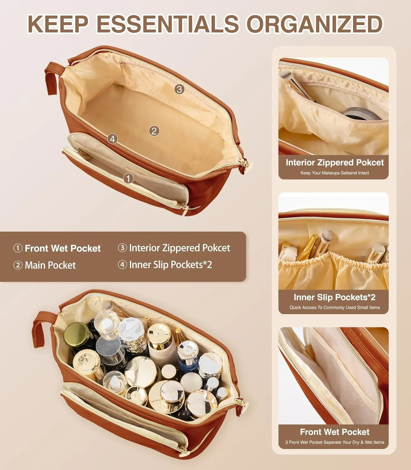 Large Makeup Bag, Double Layer Makeup Bag Organizer, Toiletry Bag For Women, Cosmetic Travel Bag, Leather Makeup Bag, Portable Toiletry Bag, Waterproof Roomy Bag For Women And Girls, Q-Brown