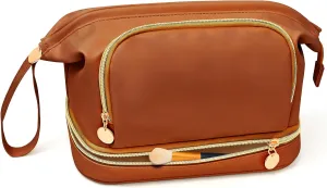 Large Makeup Bag, Double Layer Makeup Bag Organizer, Toiletry Bag For Women, Cosmetic Travel Bag, Leather Makeup Bag, Portable Toiletry Bag, Waterproof Roomy Bag For Women And Girls, Q-Brown