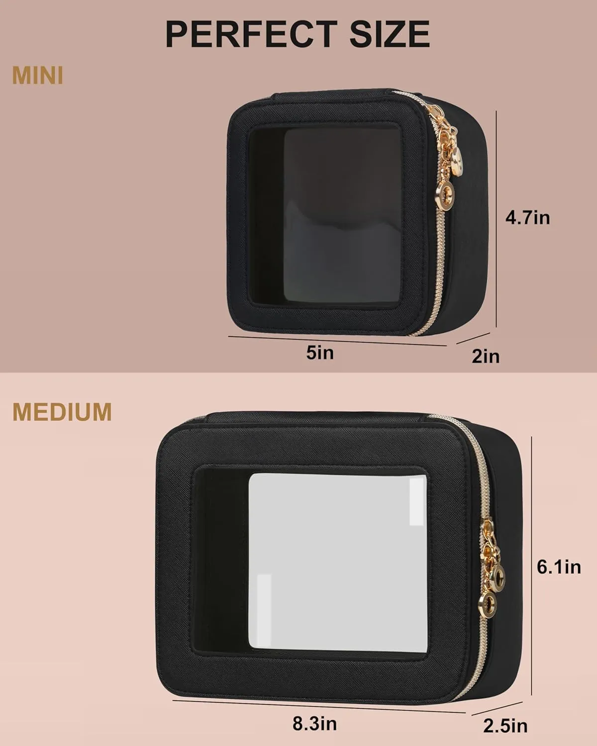 Leather Clear Makeup Bags Set - Travel Clear Cosmetic Bag Case with Zipper, Transparent TSA Approved Toiletry Bags for Travel Essentials Car Accessories for Women (Black, S M)