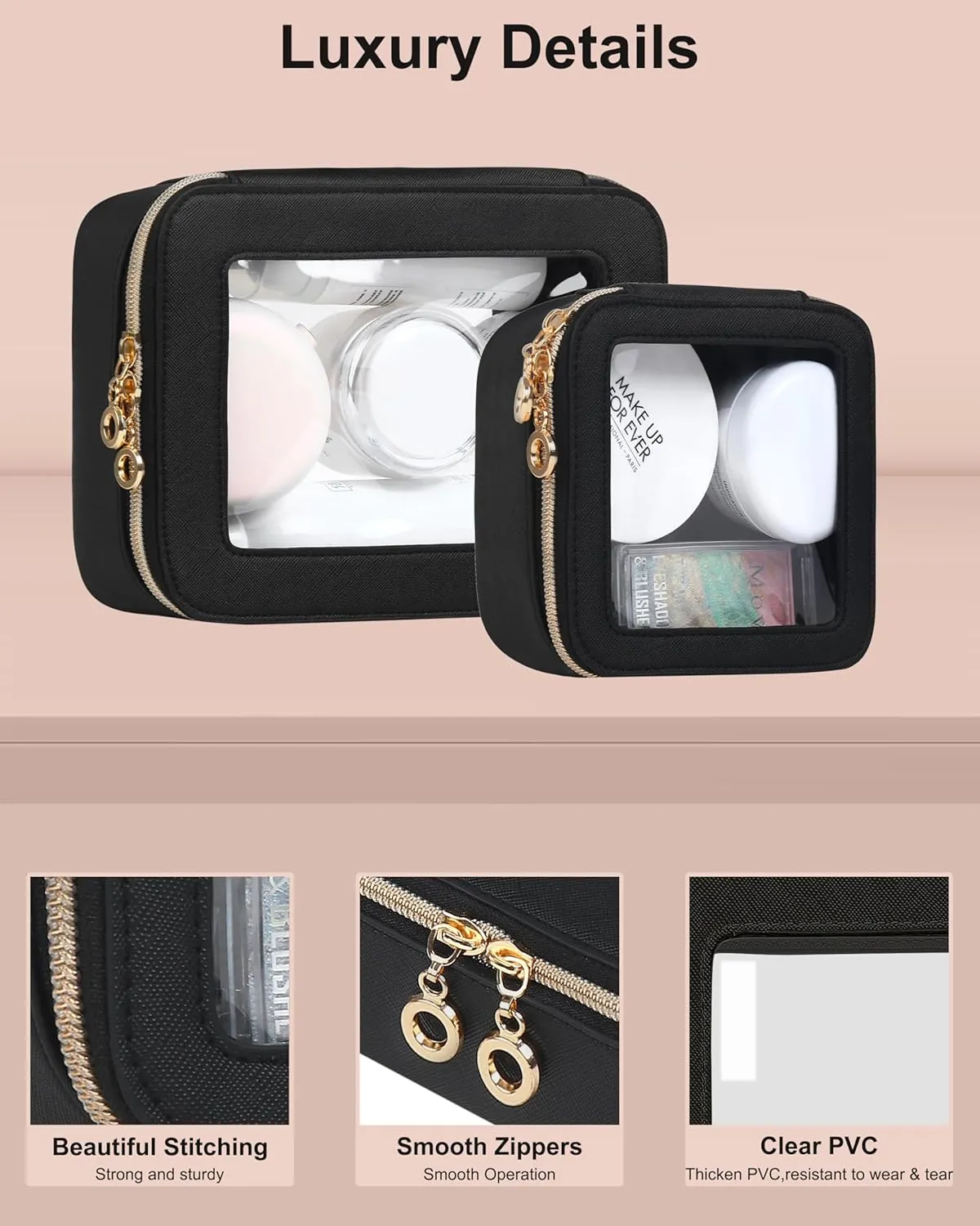 Leather Clear Makeup Bags Set - Travel Clear Cosmetic Bag Case with Zipper, Transparent TSA Approved Toiletry Bags for Travel Essentials Car Accessories for Women (Black, S M)