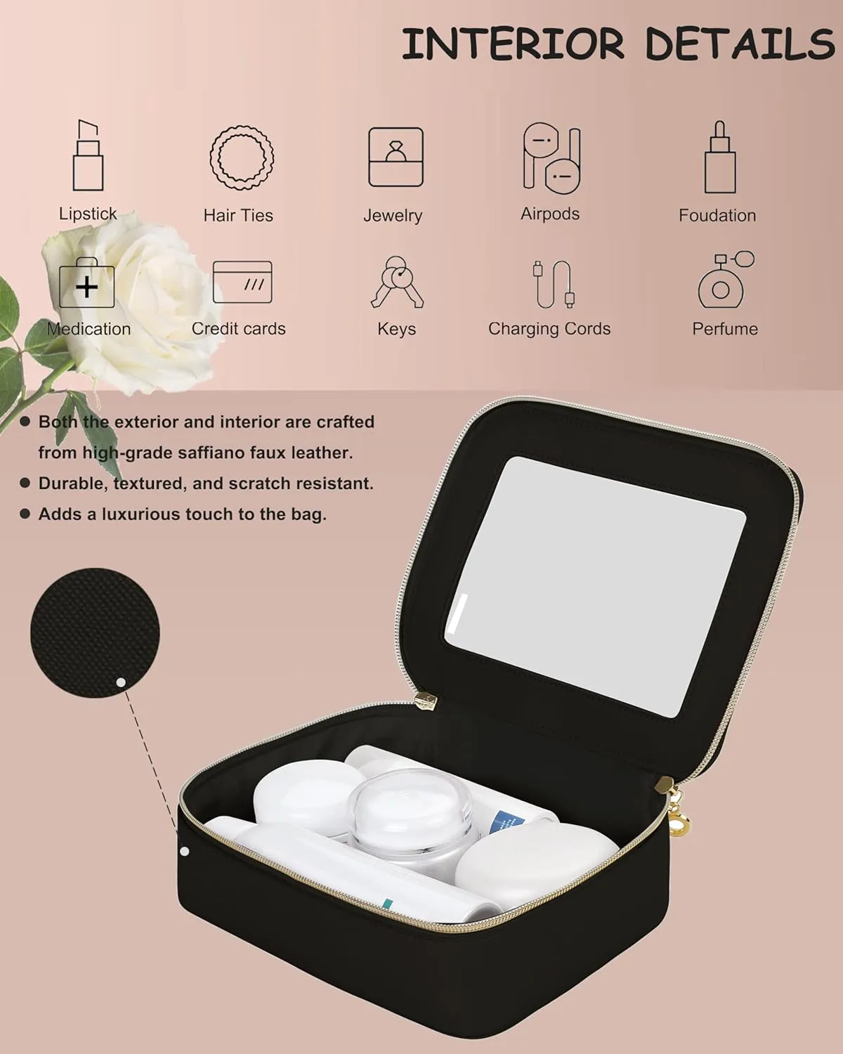 Leather Clear Makeup Bags Set - Travel Clear Cosmetic Bag Case with Zipper, Transparent TSA Approved Toiletry Bags for Travel Essentials Car Accessories for Women (Black, S M)