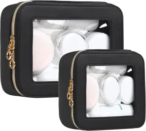 Leather Clear Makeup Bags Set - Travel Clear Cosmetic Bag Case with Zipper, Transparent TSA Approved Toiletry Bags for Travel Essentials Car Accessories for Women (Black, S M)