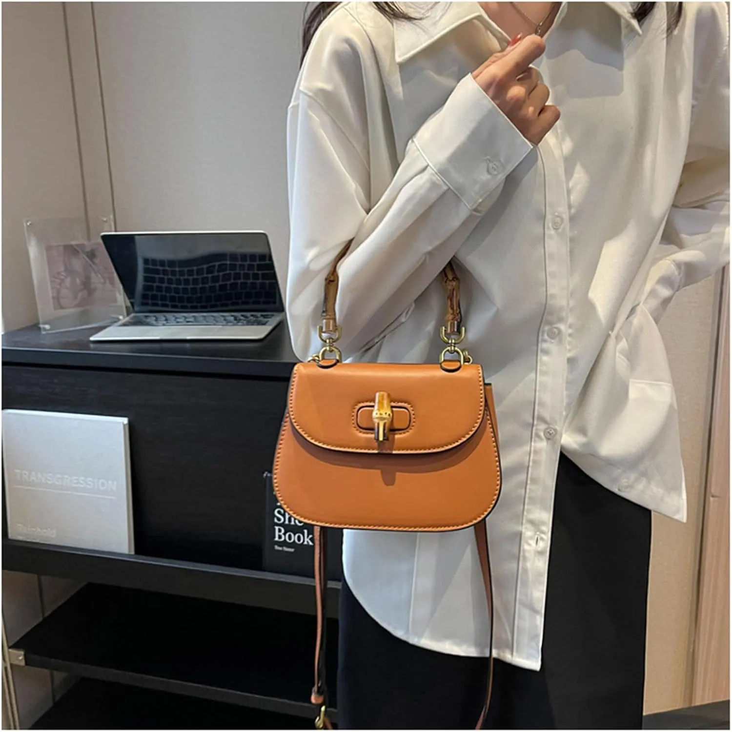 Leather Tote Handbags for Women Vintage Bamboo Handle Satchel Crossbody Shoulder Purse Genuine Leather Bags