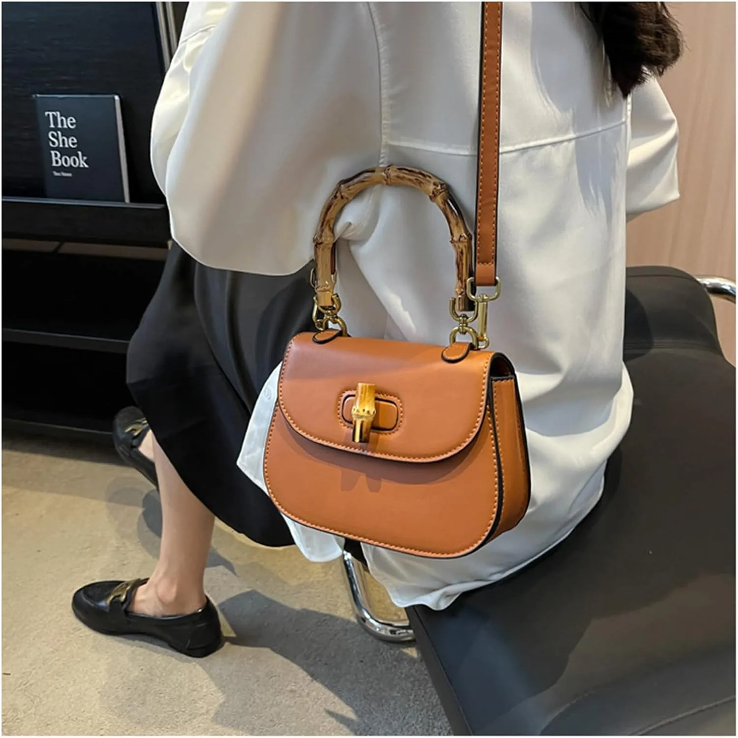 Leather Tote Handbags for Women Vintage Bamboo Handle Satchel Crossbody Shoulder Purse Genuine Leather Bags