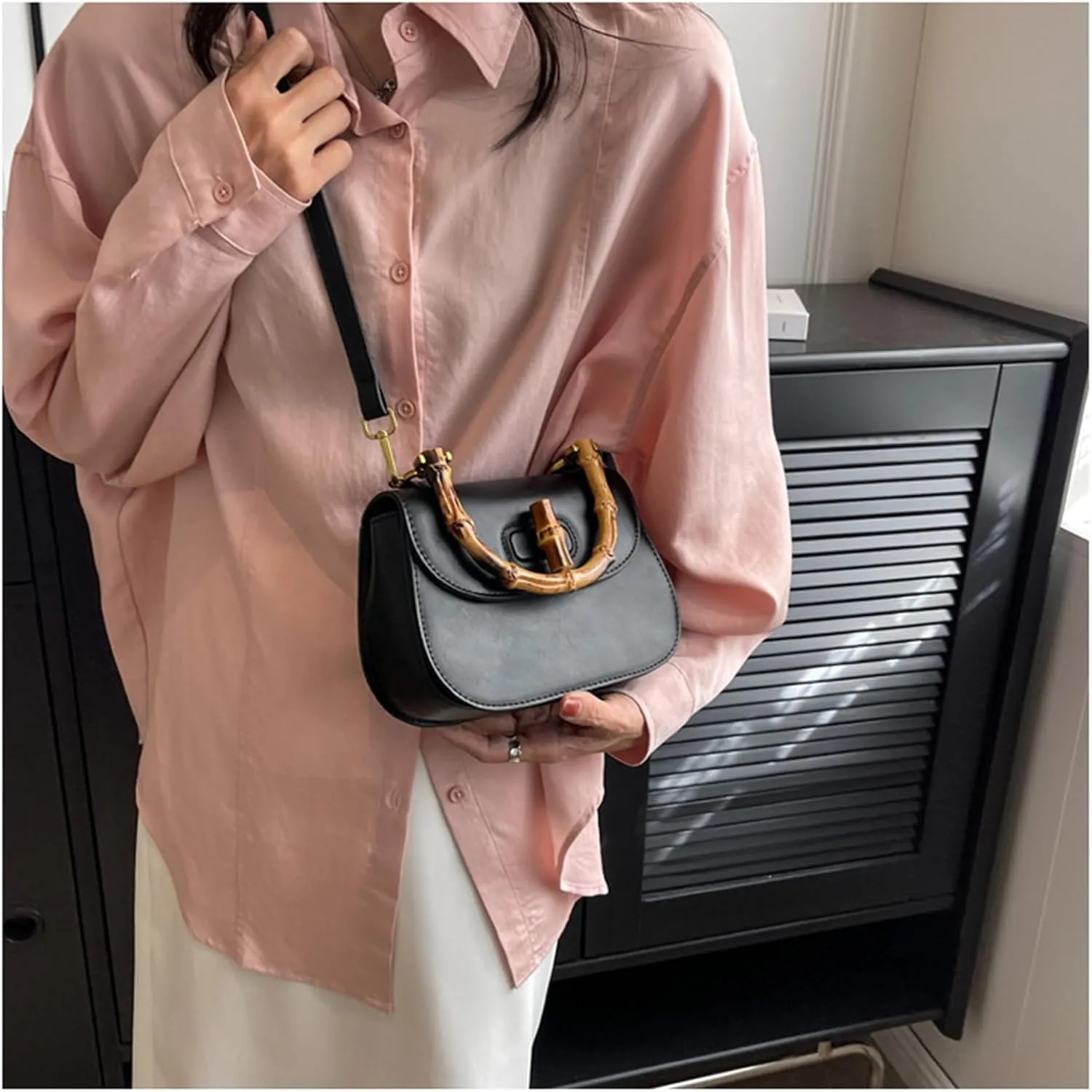 Leather Tote Handbags for Women Vintage Bamboo Handle Satchel Crossbody Shoulder Purse Genuine Leather Bags