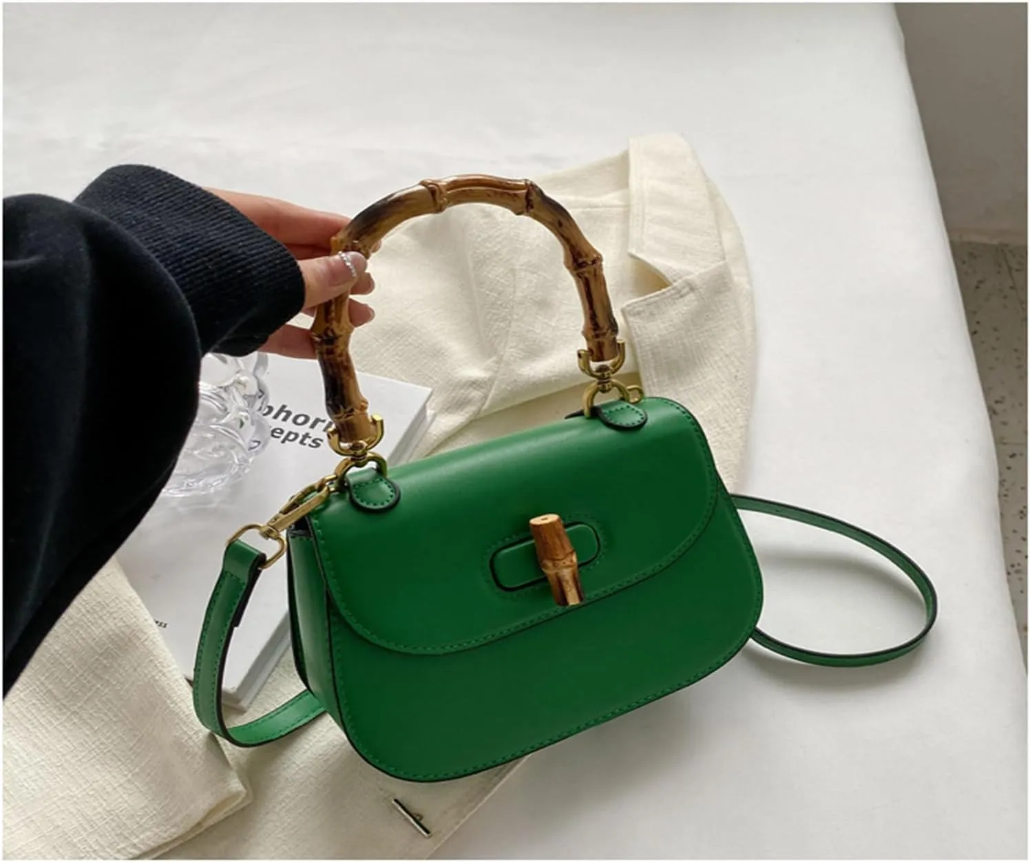 Leather Tote Handbags for Women Vintage Bamboo Handle Satchel Crossbody Shoulder Purse Genuine Leather Bags