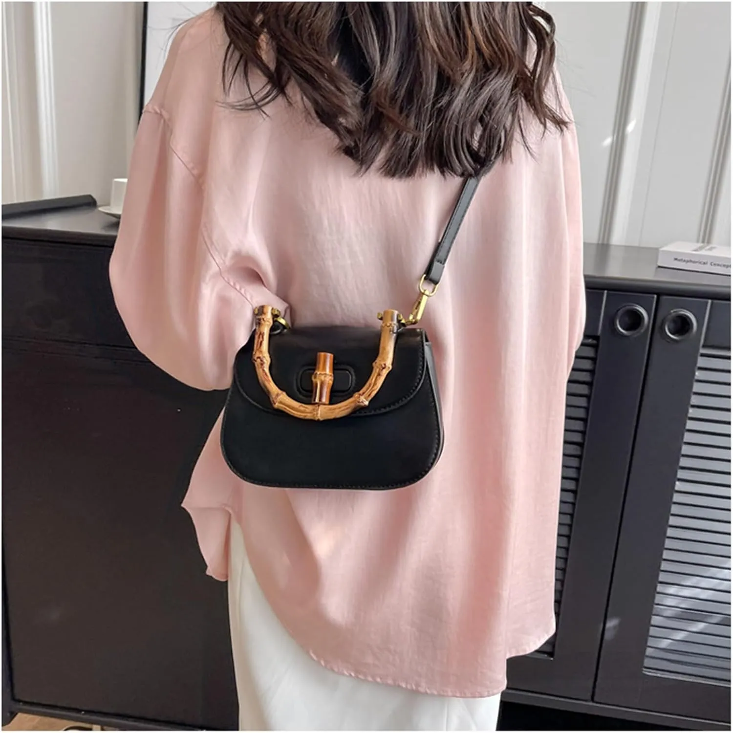Leather Tote Handbags for Women Vintage Bamboo Handle Satchel Crossbody Shoulder Purse Genuine Leather Bags