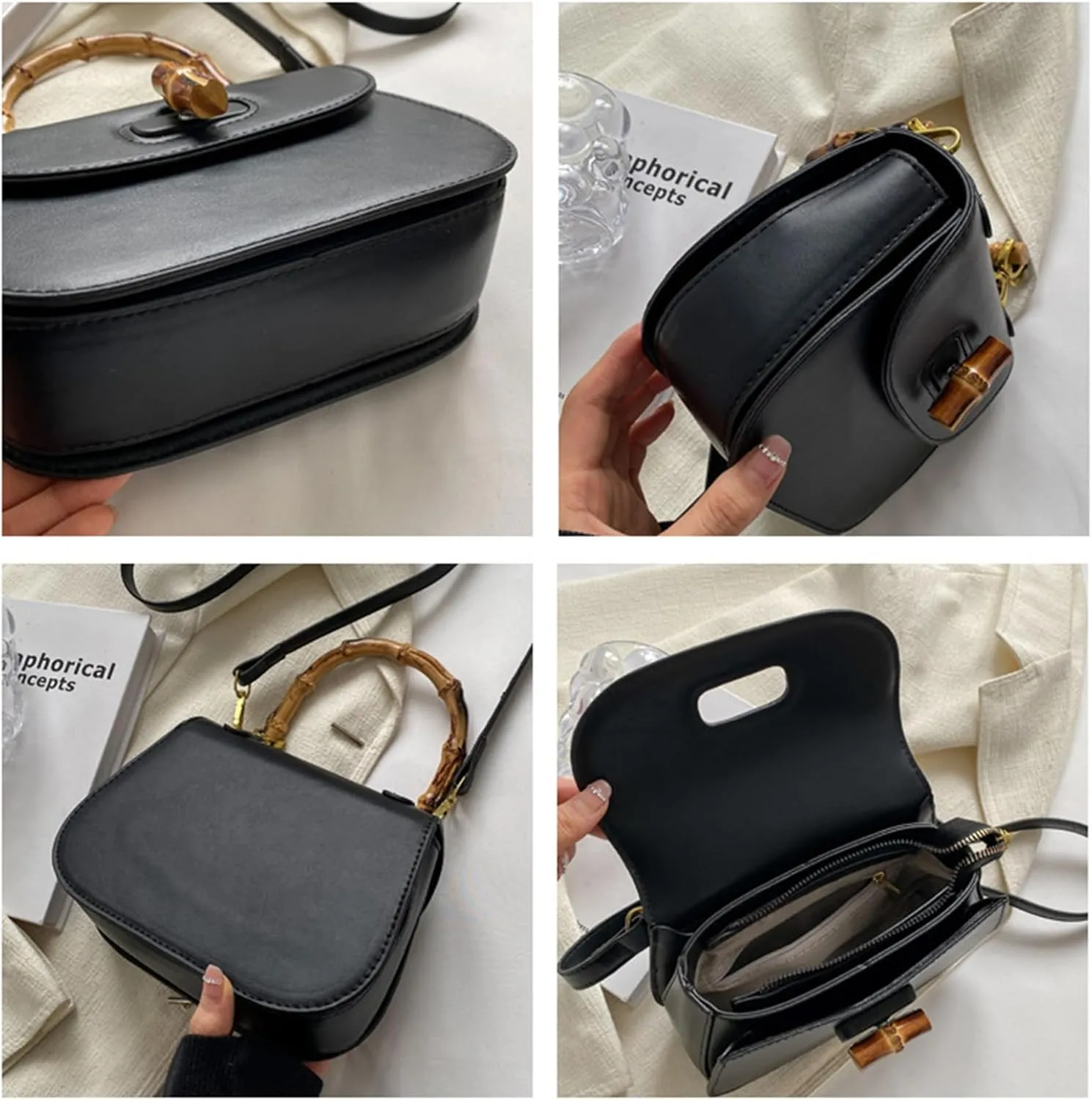 Leather Tote Handbags for Women Vintage Bamboo Handle Satchel Crossbody Shoulder Purse Genuine Leather Bags