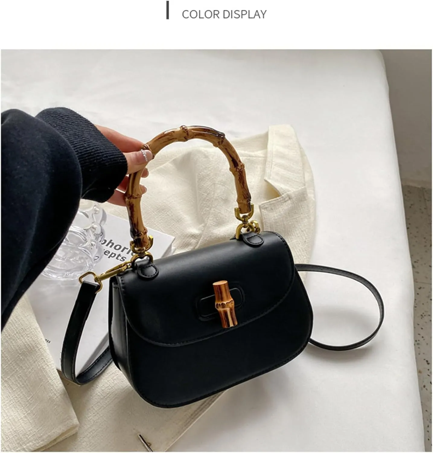 Leather Tote Handbags for Women Vintage Bamboo Handle Satchel Crossbody Shoulder Purse Genuine Leather Bags