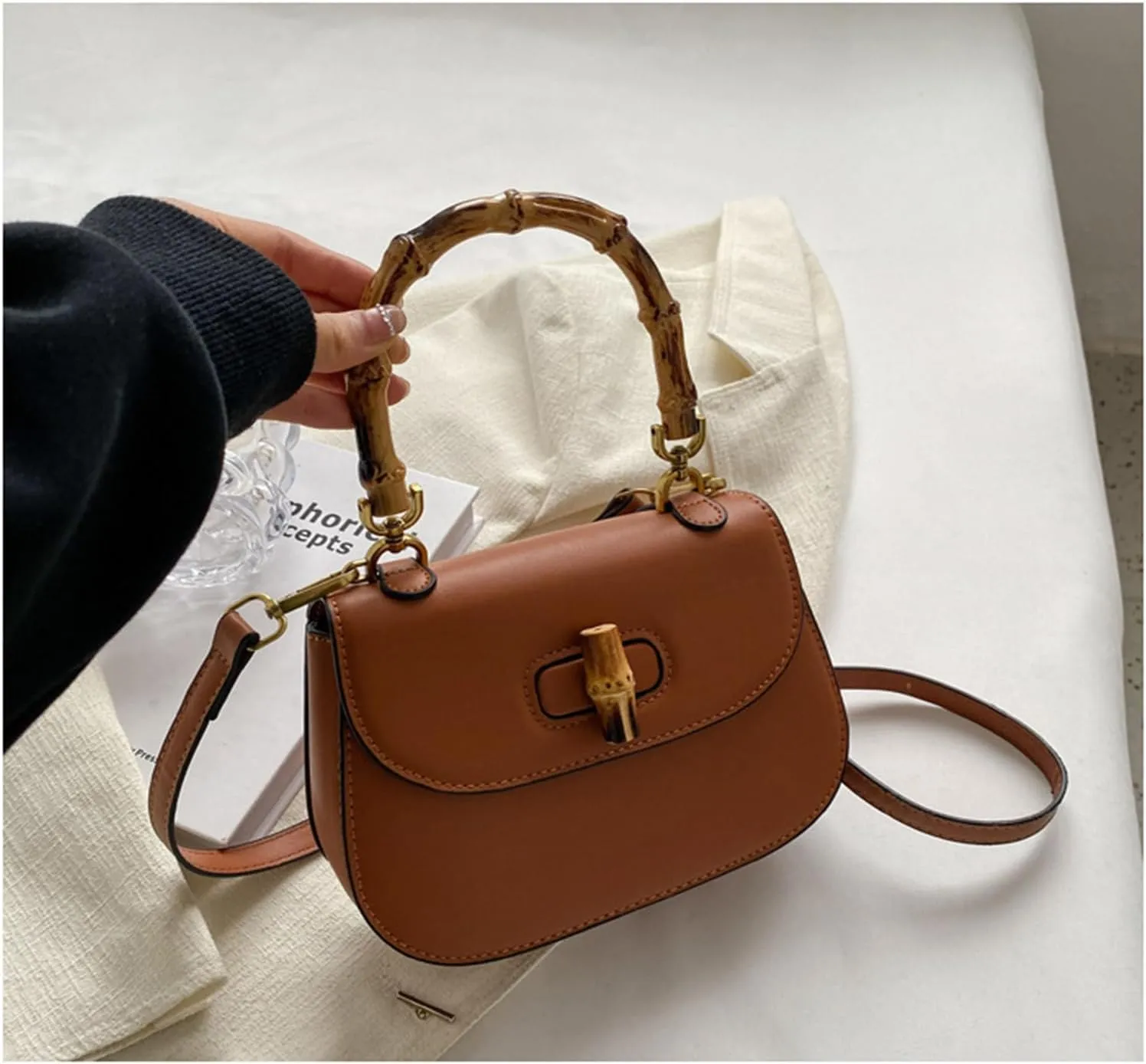 Leather Tote Handbags for Women Vintage Bamboo Handle Satchel Crossbody Shoulder Purse Genuine Leather Bags