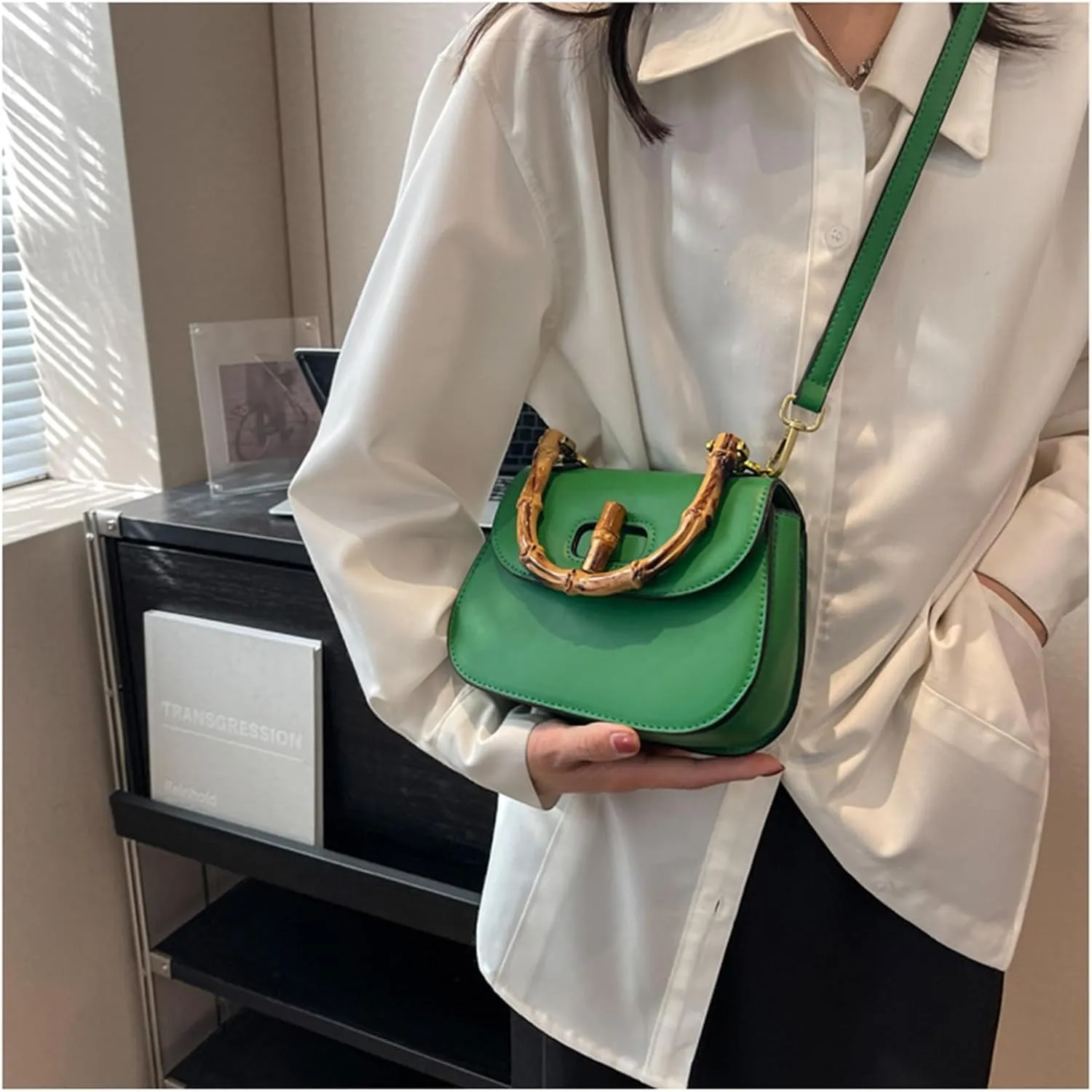 Leather Tote Handbags for Women Vintage Bamboo Handle Satchel Crossbody Shoulder Purse Genuine Leather Bags