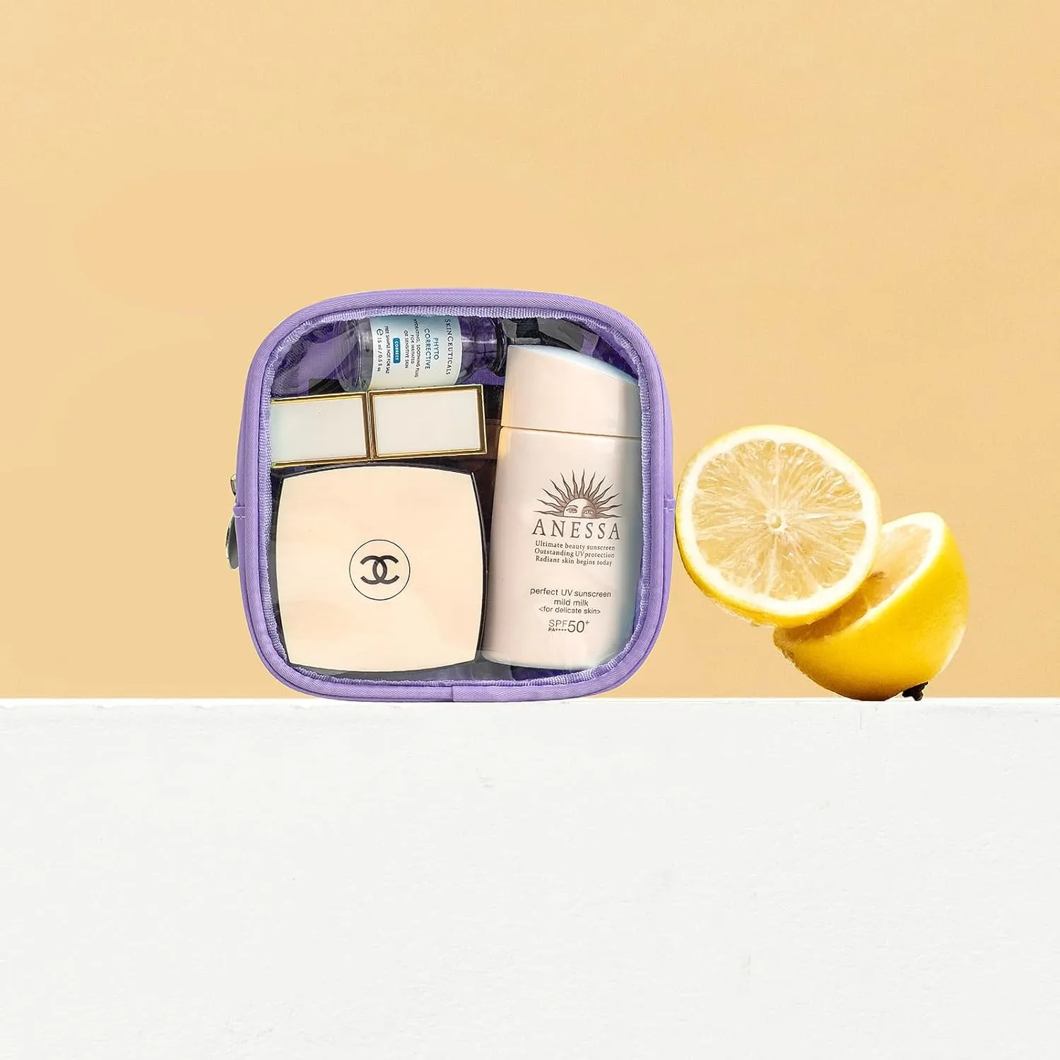 LETGO Clear Makeup Bag Travel Cosmetic Case Transparent Toiletry Bag with Zipper, Portable Make Up Organizer Traveling Compact Car Bag for Essentials(Mini Purple)