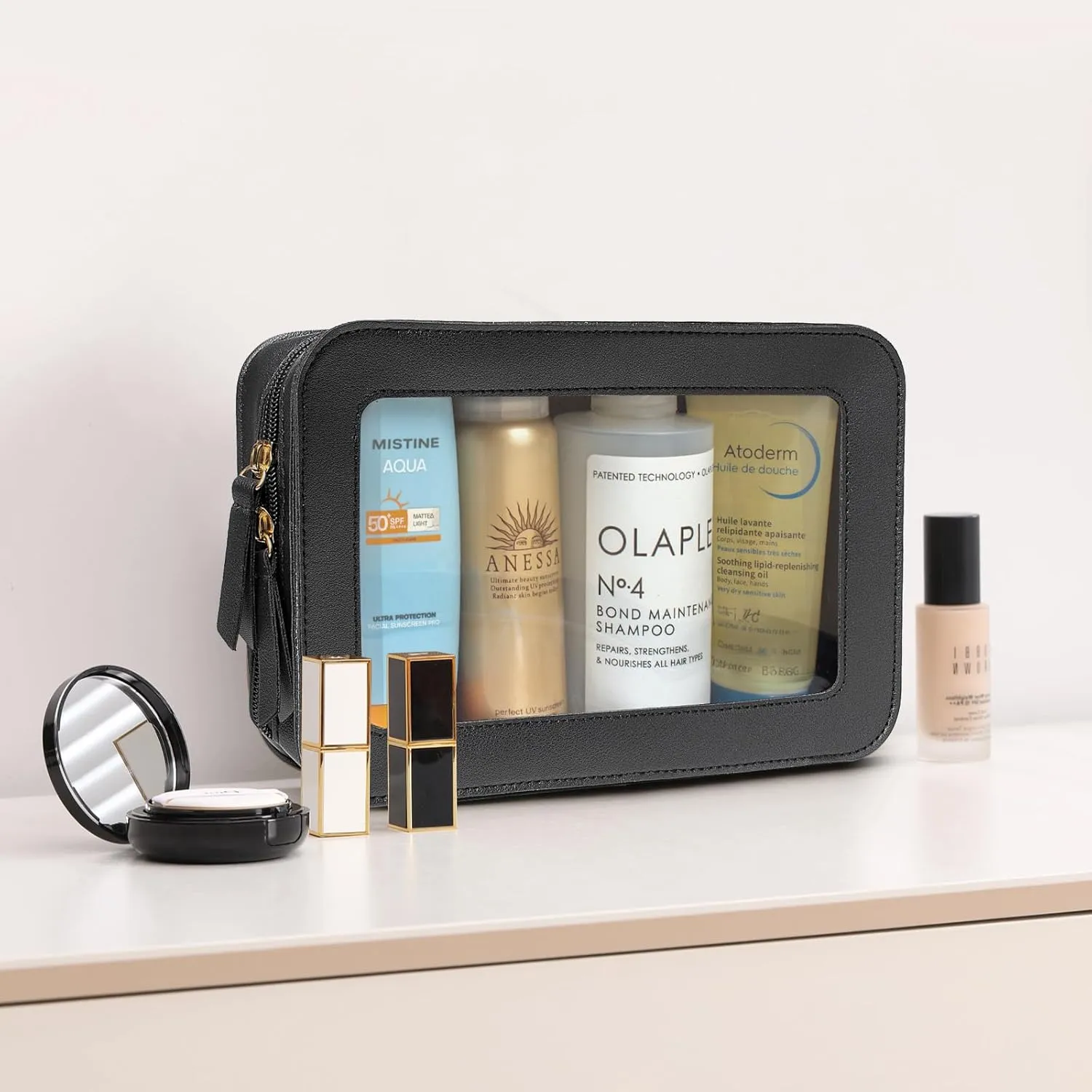 LETGO Clear Makeup Bags, TSA Approved Toiletry Bag with Zipper, Clear Makeup Organizer Fit Carry-on Travel Car Accessories Essentials,Portable Travel Small Pouch for Women Men (Black)