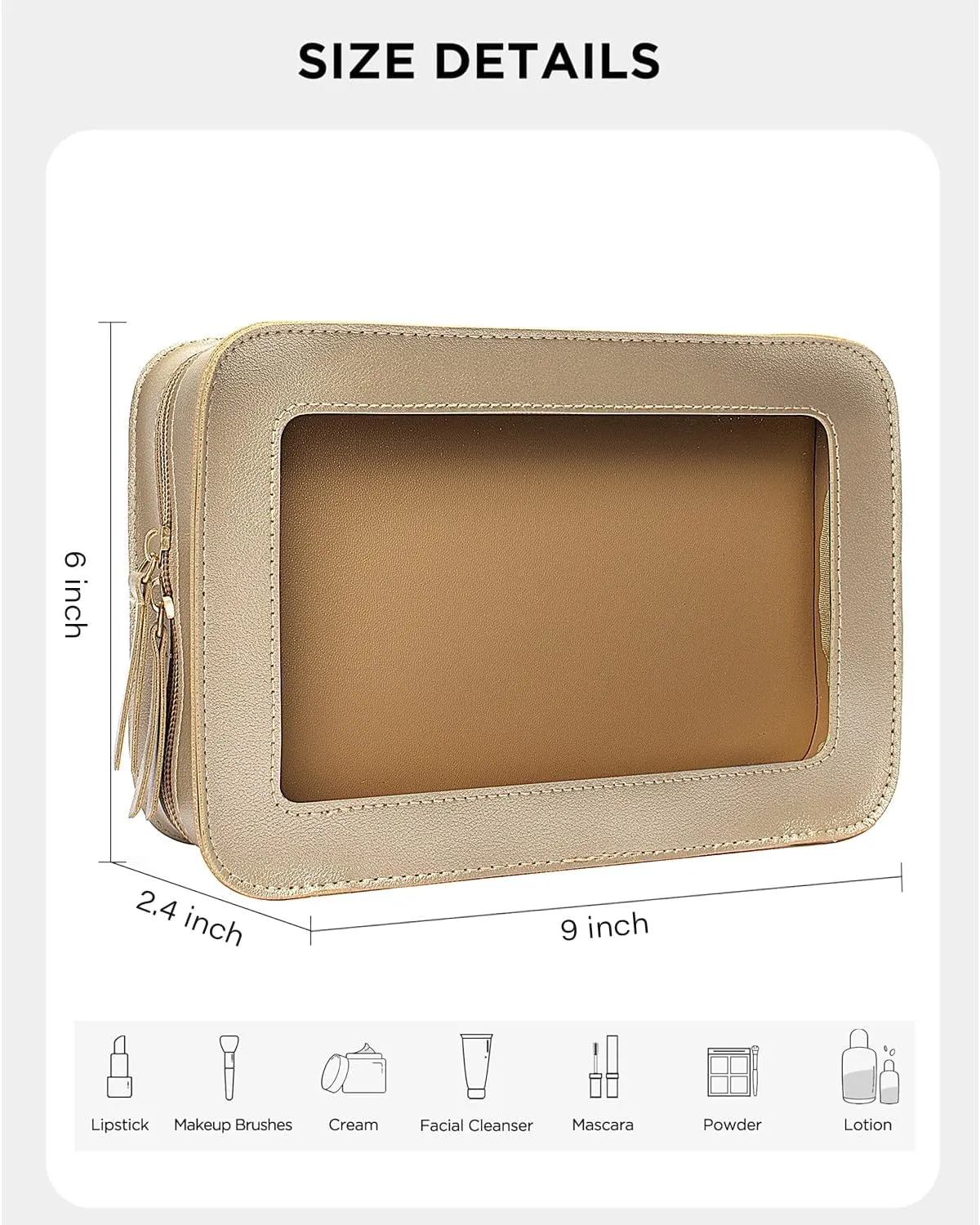 LETGO Clear Makeup Bags, TSA Approved Toiletry Bag with Zipper, Small Makeup Organizer Fit Carry-on Travel Essentials,Portable Travel Clear Cosmetic Bags Pouch for Women Men (Golden)