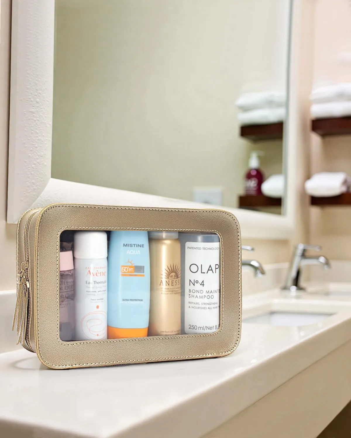 LETGO Clear Makeup Bags, TSA Approved Toiletry Bag with Zipper, Small Makeup Organizer Fit Carry-on Travel Essentials,Portable Travel Clear Cosmetic Bags Pouch for Women Men (Golden)