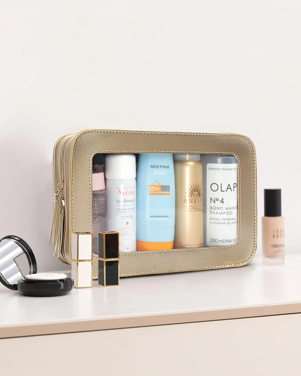 LETGO Clear Makeup Bags, TSA Approved Toiletry Bag with Zipper, Small Makeup Organizer Fit Carry-on Travel Essentials,Portable Travel Clear Cosmetic Bags Pouch for Women Men (Golden)