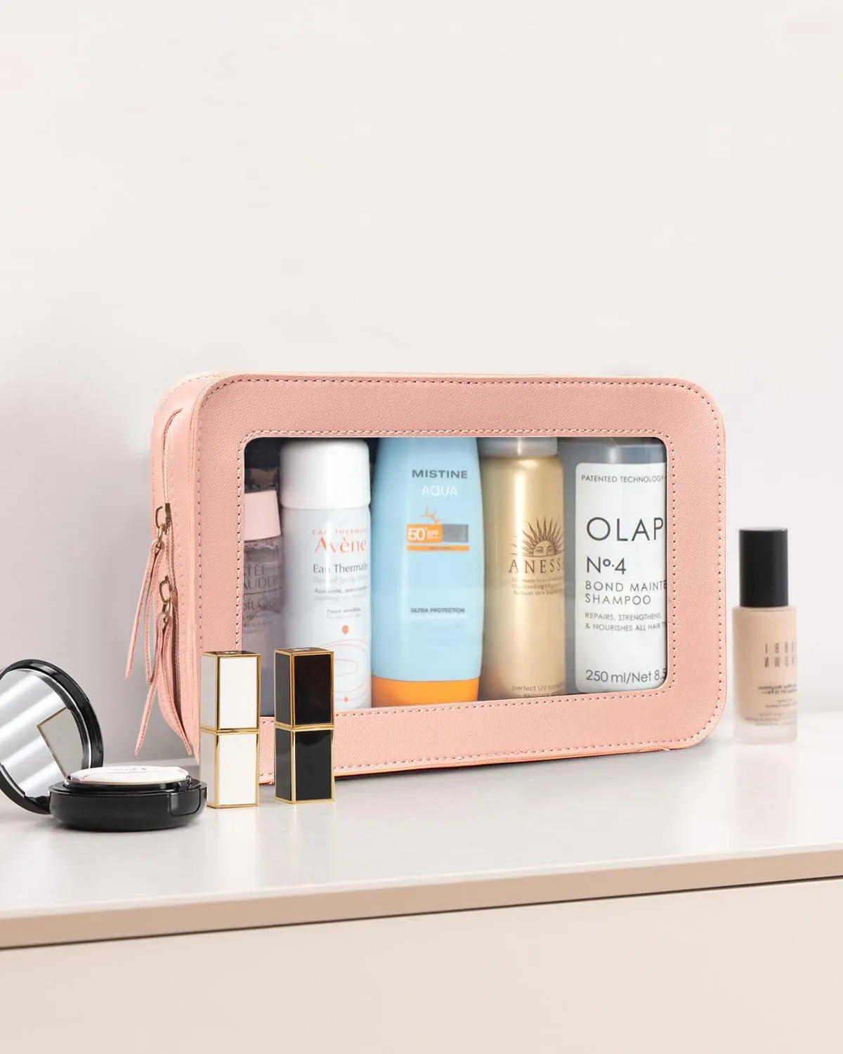 LETGO Clear Toiletry Bag, Portable Travel Makeup Pouch with Zipper, TSA Approved Organizer, PVC Cosmetic for Airport Airline Compliant Pink Car Accessories for Women (Pink)