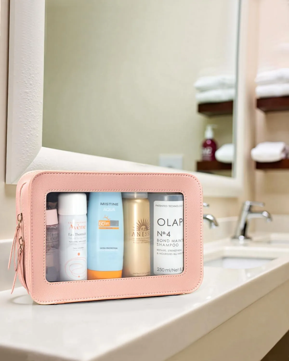 LETGO Clear Toiletry Bag, Portable Travel Makeup Pouch with Zipper, TSA Approved Organizer, PVC Cosmetic for Airport Airline Compliant Pink Car Accessories for Women (Pink)