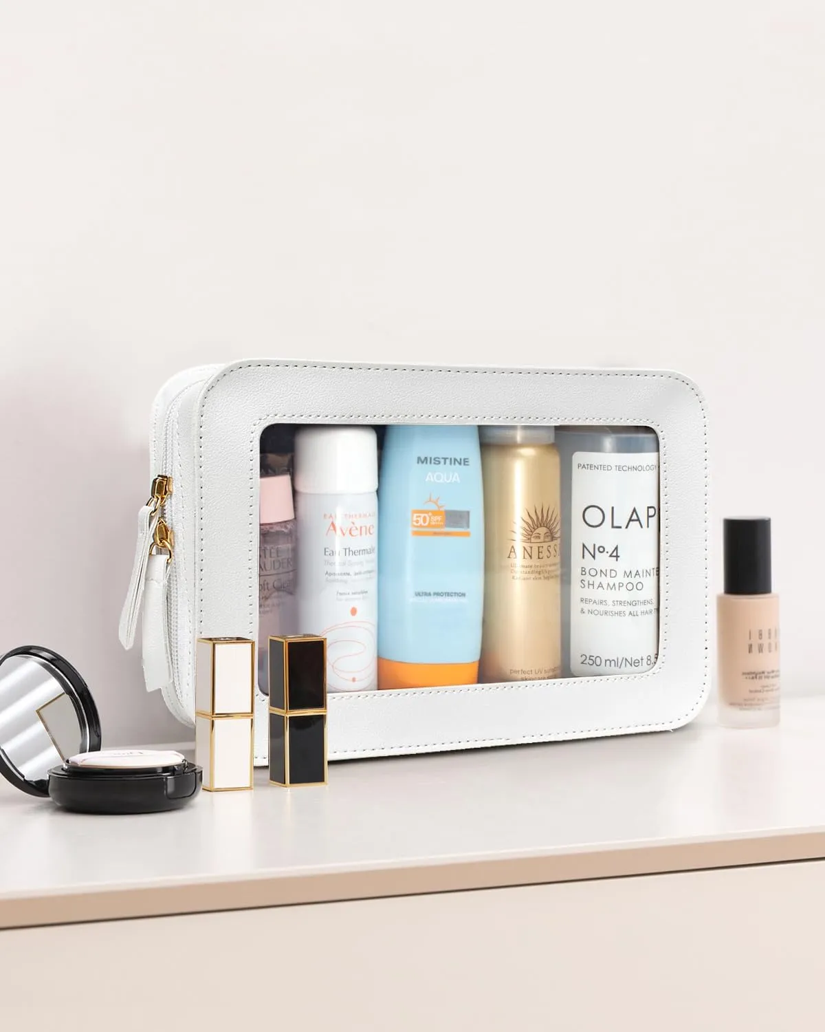 LETGO Clear Toiletry Bag, Portable Travel Makeup Pouch with Zipper, TSA Approved Organizer, PVC Cosmetic for Airport Airline Compliant (White)