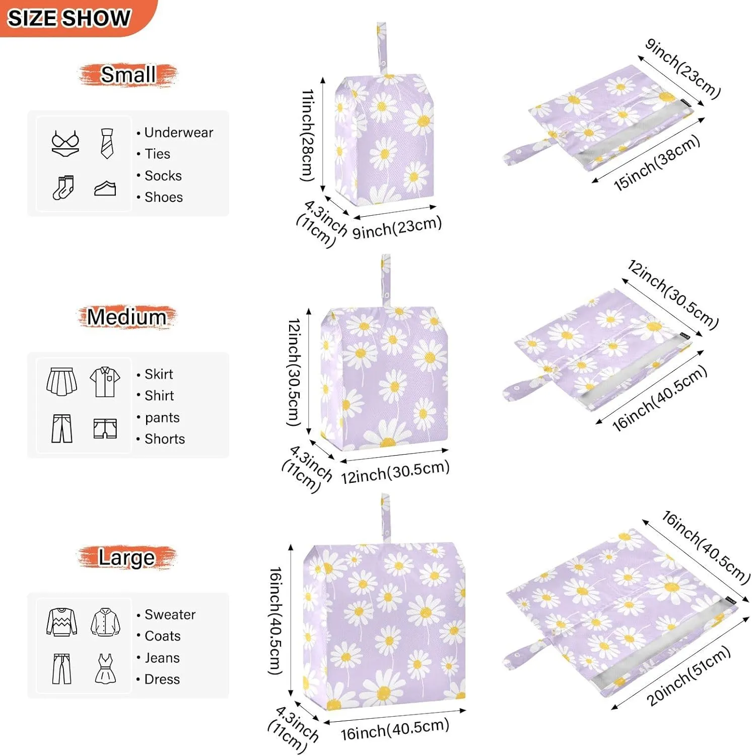 Luggage Space Saver, Luggages Management Personnel, Seamless Daisy Flower on Purple, With Zipper, 3 Set Travel Packing Cubes For Suitcases, Garment Bag Closet Storage