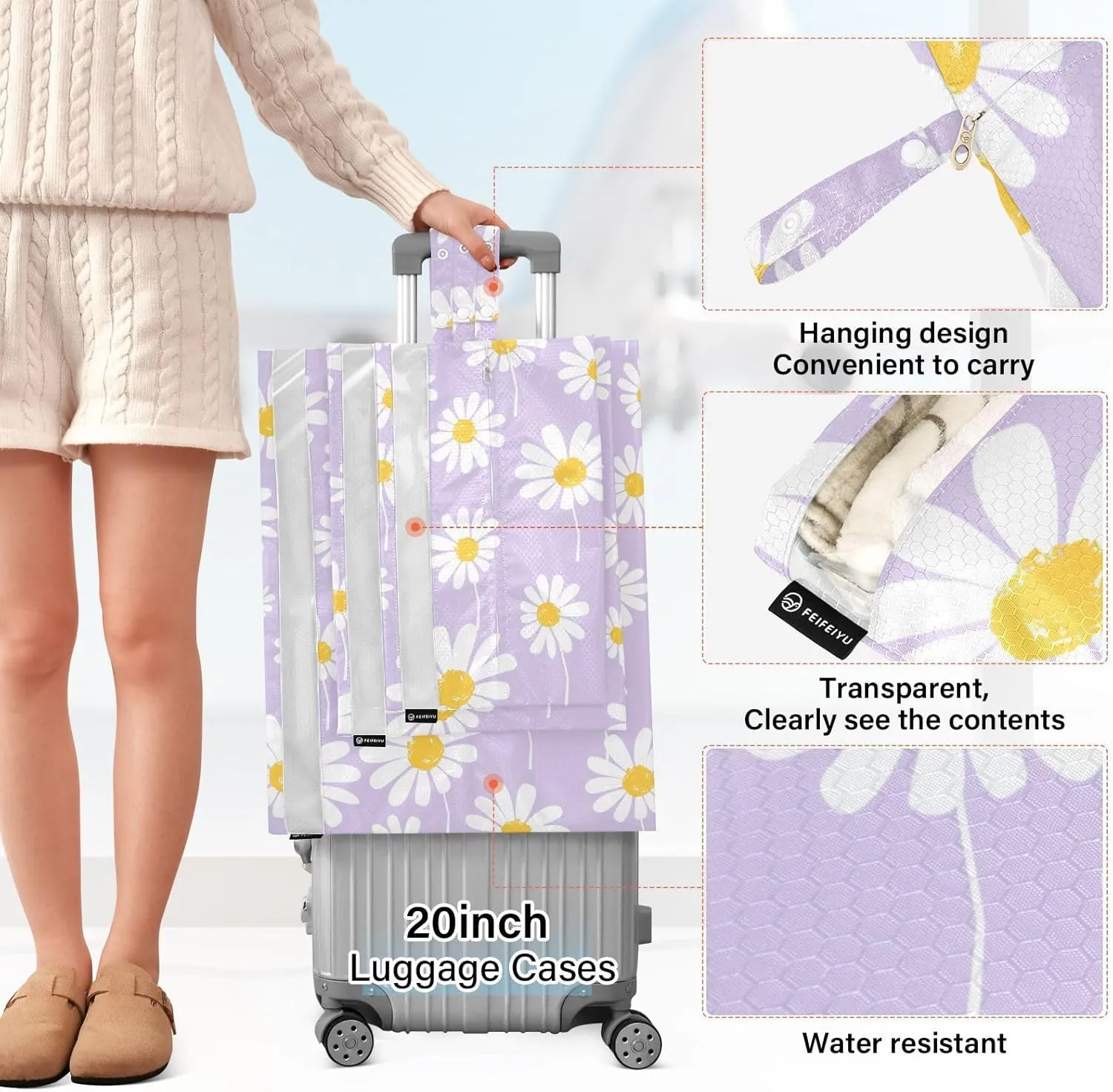 Luggage Space Saver, Luggages Management Personnel, Seamless Daisy Flower on Purple, With Zipper, 3 Set Travel Packing Cubes For Suitcases, Garment Bag Closet Storage