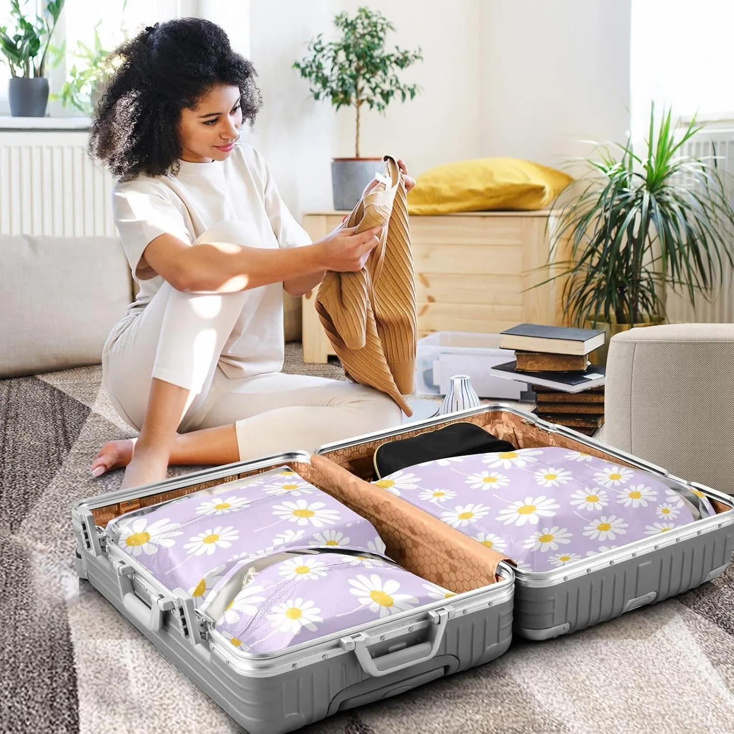 Luggage Space Saver, Luggages Management Personnel, Seamless Daisy Flower on Purple, With Zipper, 3 Set Travel Packing Cubes For Suitcases, Garment Bag Closet Storage