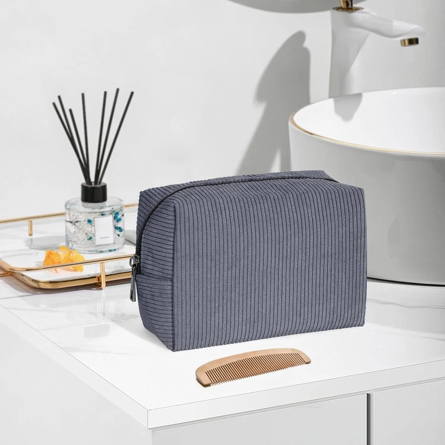 MAANGE Small Makeup Bag For Purse, Travel Cosmetic Bag Makeup Pouch Corduroy Portable Versatile Zipper Pouch For Women(GRAY)