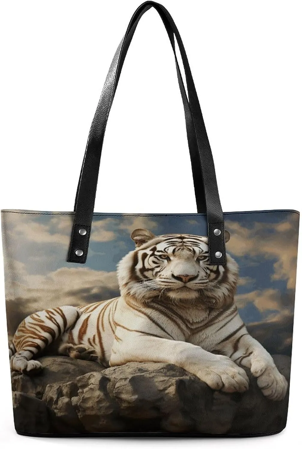 Majestic Tiger Resting on A Rock with Cloudy Leather Lady's Handbag Crossbody Purse for Women Ladies Soft Shoulder Bag Medium Roomy Handbag Fashion Tote Top Handle Satchel