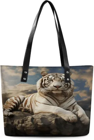 Majestic Tiger Resting on A Rock with Cloudy Leather Lady's Handbag Crossbody Purse for Women Ladies Soft Shoulder Bag Medium Roomy Handbag Fashion Tote Top Handle Satchel