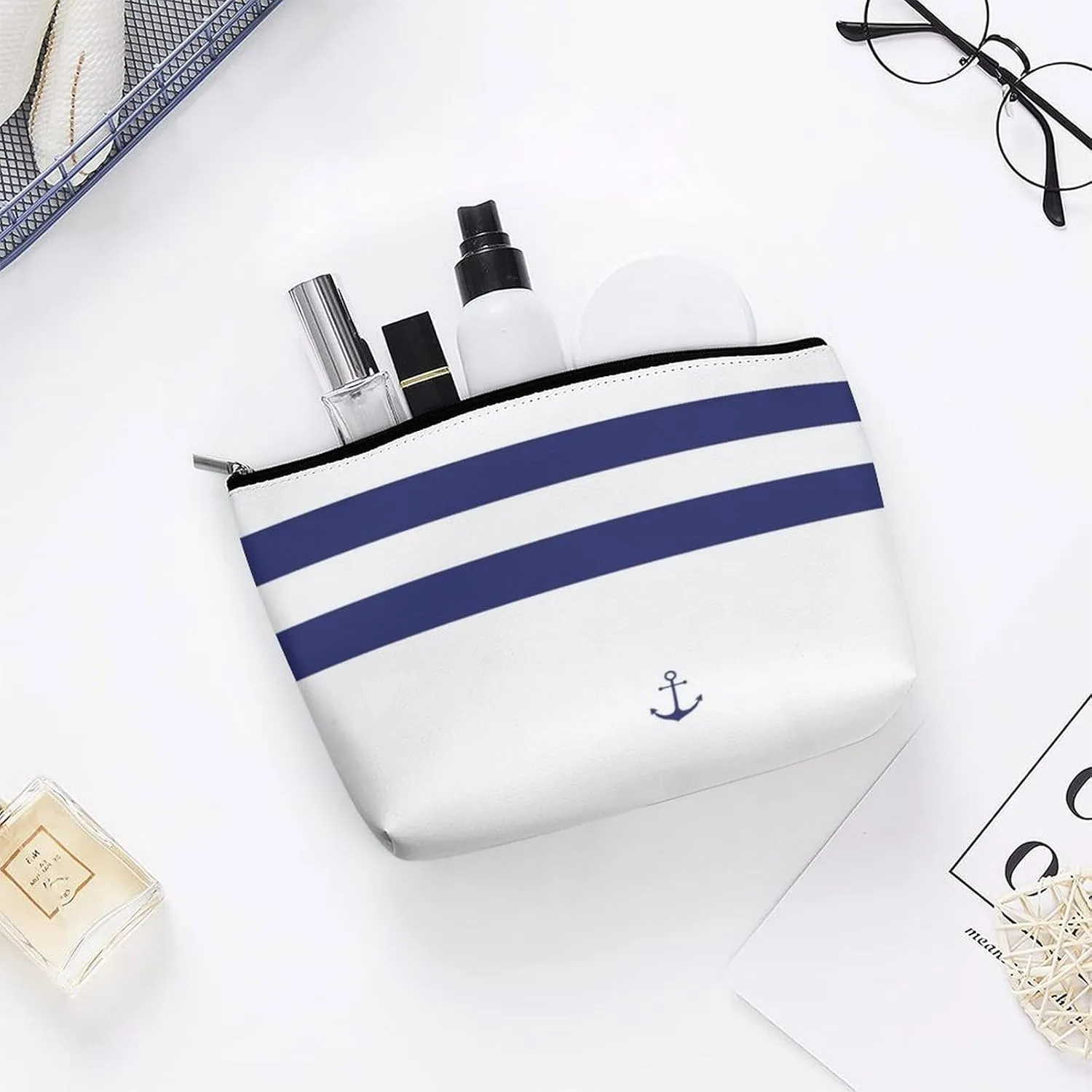 Makeup Bag for Women, Adorable Roomy Zipper Pouch Portable Organizer Cosmetic Bag Travel Storage Accessories (Nautical Stripe White Anchor Navy Blue)