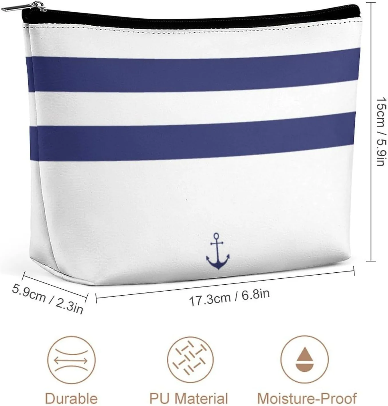 Makeup Bag for Women, Adorable Roomy Zipper Pouch Portable Organizer Cosmetic Bag Travel Storage Accessories (Nautical Stripe White Anchor Navy Blue)