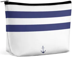 Makeup Bag for Women, Adorable Roomy Zipper Pouch Portable Organizer Cosmetic Bag Travel Storage Accessories (Nautical Stripe White Anchor Navy Blue)