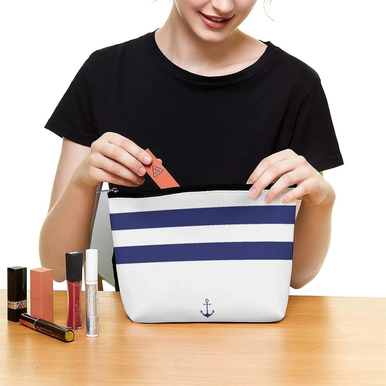 Makeup Bag for Women, Adorable Roomy Zipper Pouch Portable Organizer Cosmetic Bag Travel Storage Accessories (Nautical Stripe White Anchor Navy Blue)