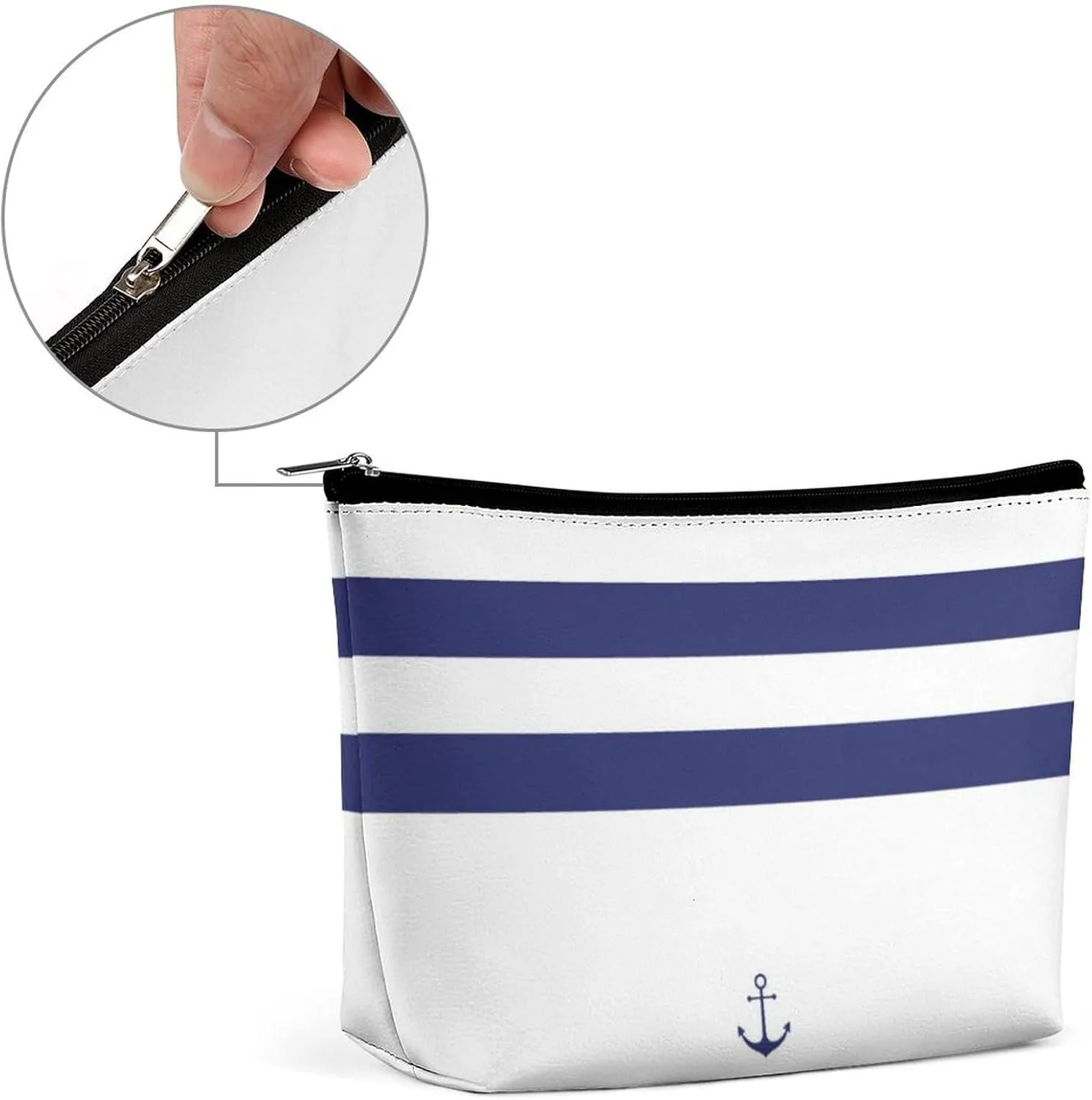 Makeup Bag for Women, Adorable Roomy Zipper Pouch Portable Organizer Cosmetic Bag Travel Storage Accessories (Nautical Stripe White Anchor Navy Blue)