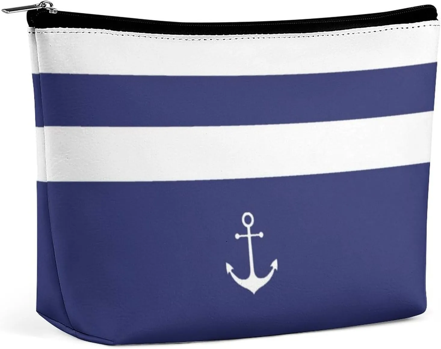 Makeup Bag for Women, Adorable Roomy Zipper Pouch Portable Organizer Cosmetic Bag Travel Storage Accessories (Nautical Stripes White Anchor Navy Blue)