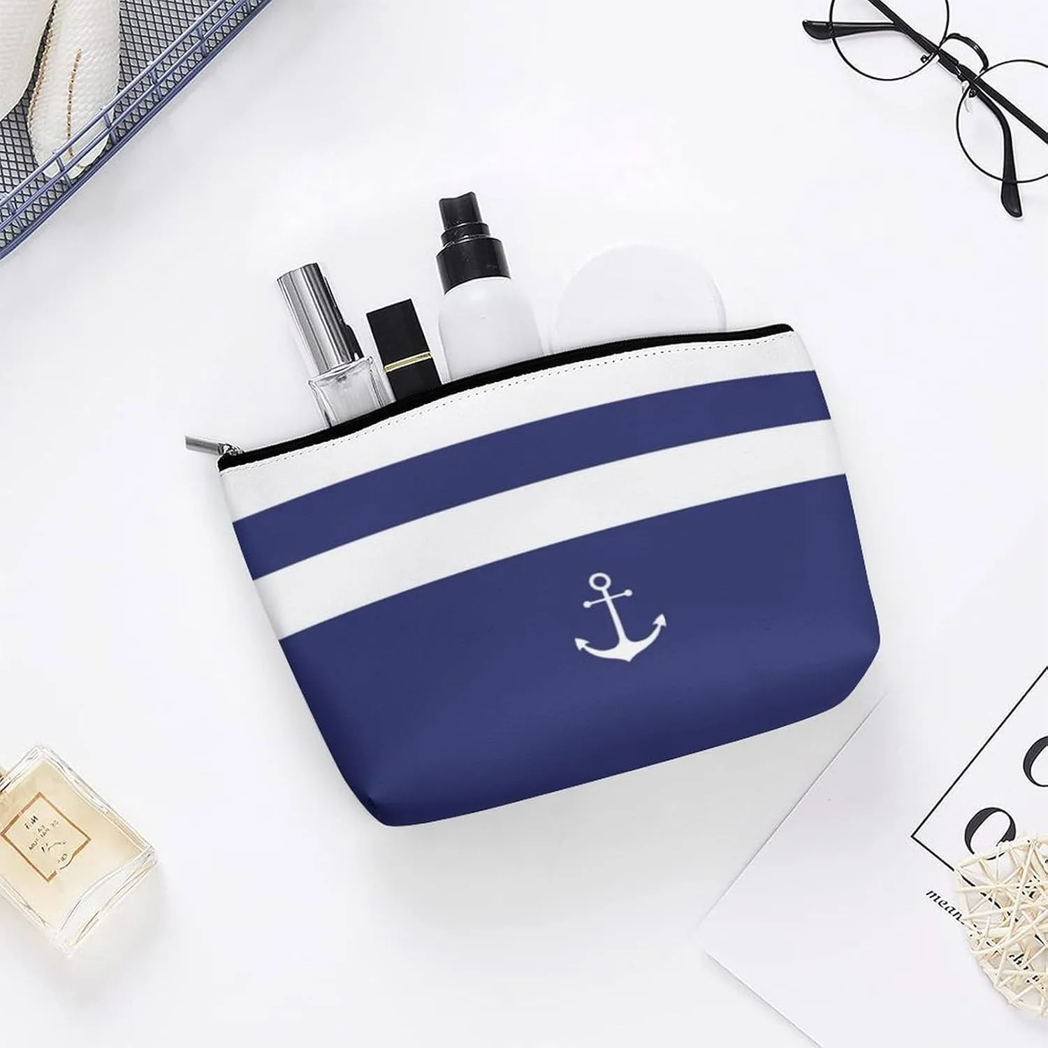Makeup Bag for Women, Adorable Roomy Zipper Pouch Portable Organizer Cosmetic Bag Travel Storage Accessories (Nautical Stripes White Anchor Navy Blue)