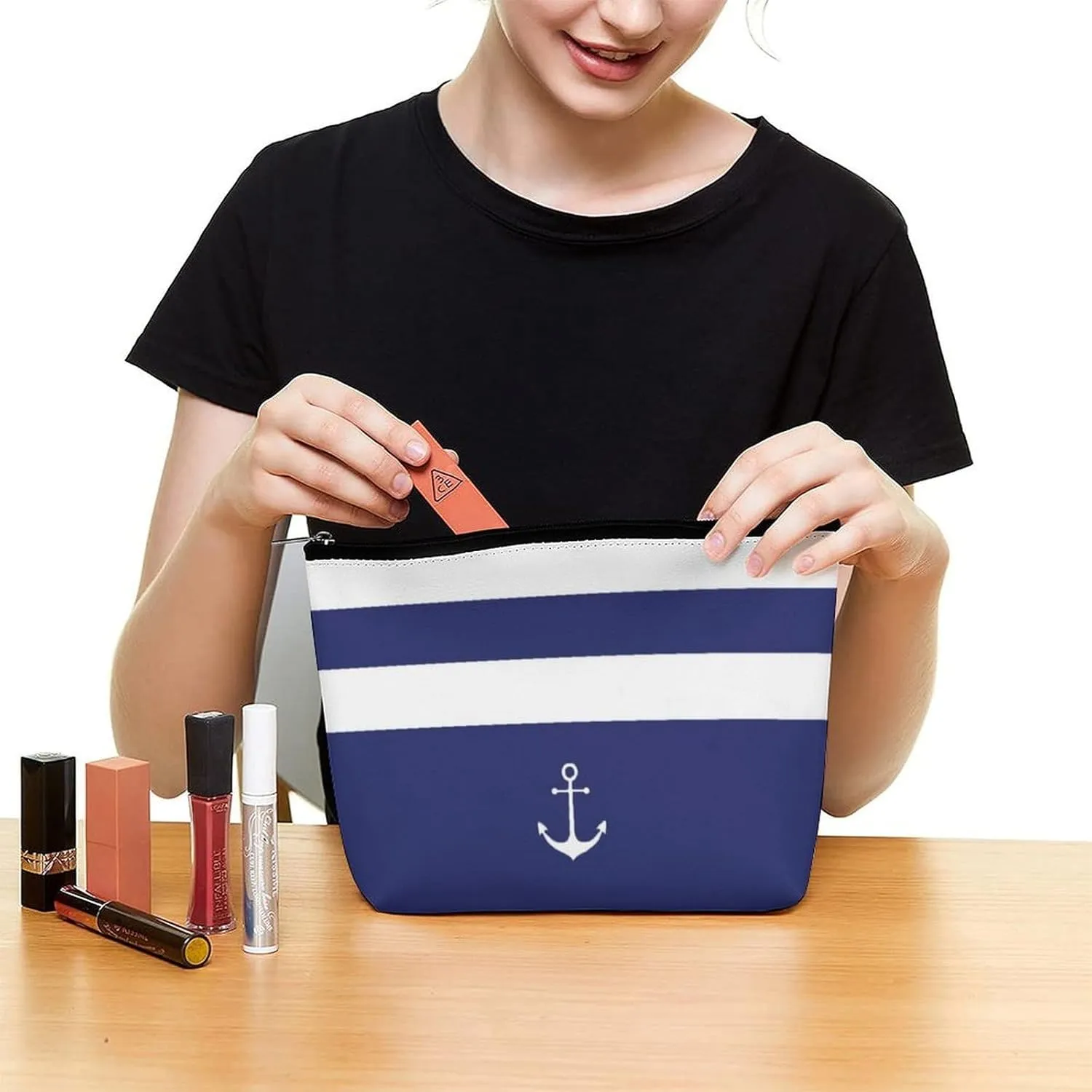 Makeup Bag for Women, Adorable Roomy Zipper Pouch Portable Organizer Cosmetic Bag Travel Storage Accessories (Nautical Stripes White Anchor Navy Blue)