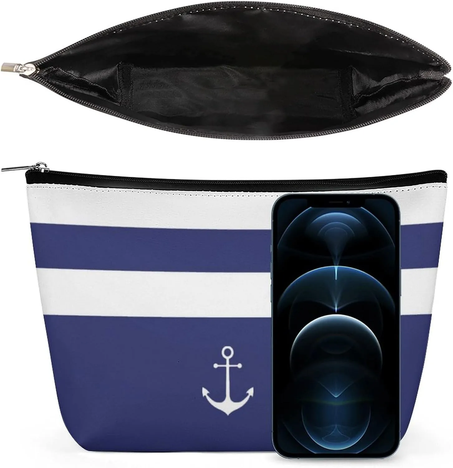 Makeup Bag for Women, Adorable Roomy Zipper Pouch Portable Organizer Cosmetic Bag Travel Storage Accessories (Nautical Stripes White Anchor Navy Blue)