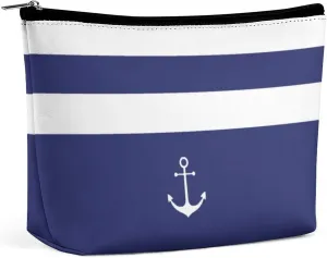 Makeup Bag for Women, Adorable Roomy Zipper Pouch Portable Organizer Cosmetic Bag Travel Storage Accessories (Nautical Stripes White Anchor Navy Blue)