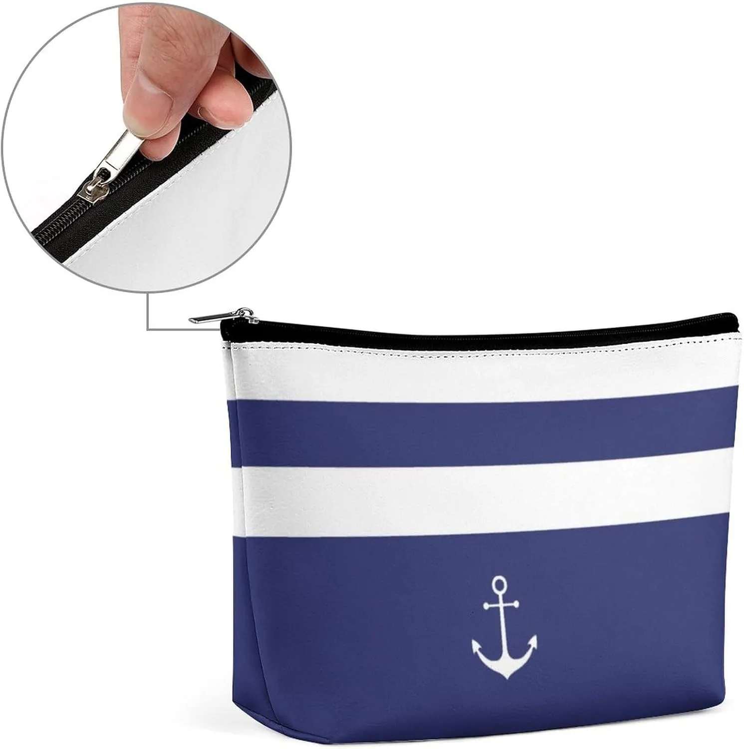 Makeup Bag for Women, Adorable Roomy Zipper Pouch Portable Organizer Cosmetic Bag Travel Storage Accessories (Nautical Stripes White Anchor Navy Blue)